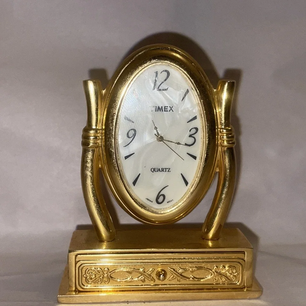 Timex TMX300 Collectible Mini Mirror‎ Clock Quartz Crystal Brass Desk Gold Works